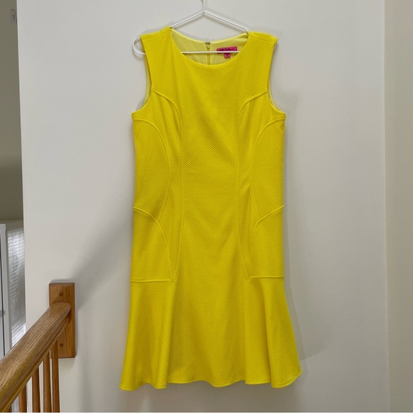 { Betsey Johnson Dress } Yellow Textured Knit Stretch Dress with Ruffle Hem - Picture 1 of 9